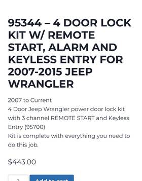 95344 Electric Life 4 Door Lock Kit With Remote Start Alarm And Keyless Entry 2007-15 Jeep Wrangler