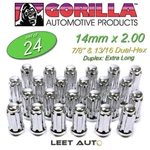 (24)GORILLA Spline Drive Lug Nuts, 14MM 2.00, Chrome, Extra Long, K6TS-14200GR. Fixed Price $54.88.